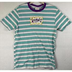 Vintage Rugrats Adult S Striped T Shirt Nickelodeon Logo Turquoise White Purple